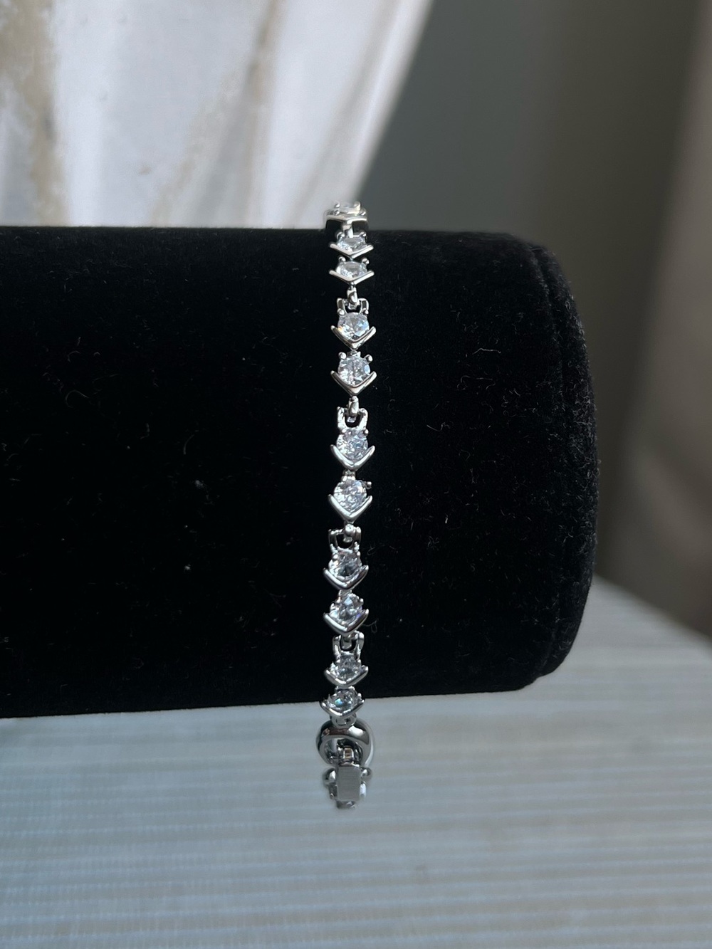 Classic Silver Tennis Bracelet with Clear Stones  with plain V design